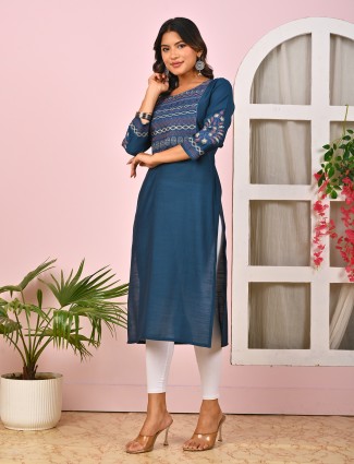 Rama blue cotton silk yoke embroidered kurti
