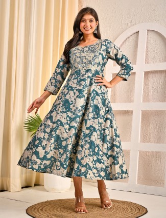 Rama green cotton silk embroidered kurti