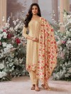 Beige silk straight cut salwar suit with elegant printed dupatta