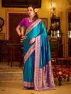 Classic blue silk saree with gleaming zari border