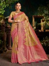 Mehendi yellow silk saree with zari