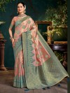 Peach silk saree with zari detailing