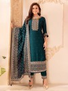 Rama green silk festive wear salwar suit in straight cut