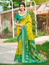 Yellow silk printed saree with matching blouse