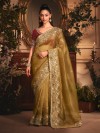 Mehendi green tissue organza saree with striking marron blouse