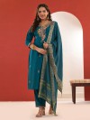 Rama green cotton silk embroidered kurti set