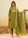 Mehendi green yoke style silk kurti set with dupatta