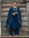Rama blue cotton yoke embroidered kurti set