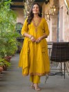 Mustard yellow cotton silk festive kurti set