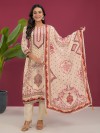 Cream silk printed festive kurti pant set
