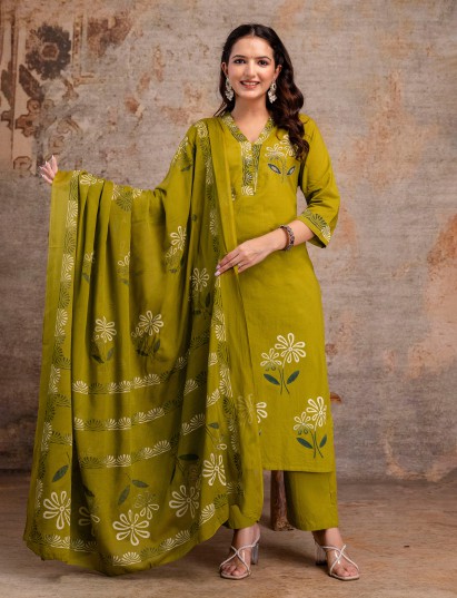 Mehendi green cotton silk kurti set