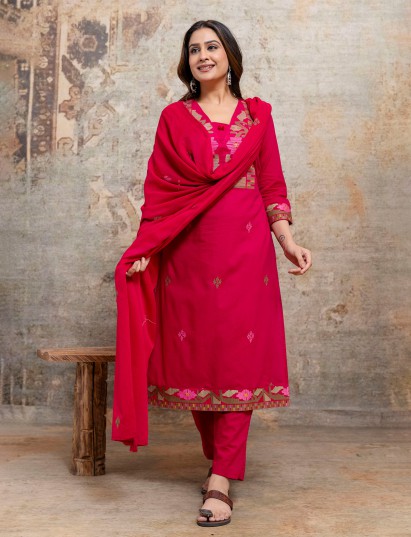 Rani pink silk kurti set with yoke style