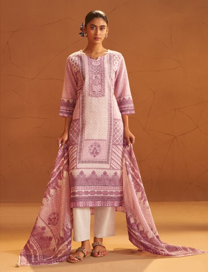 Onion pink printed linen kurti pant set
