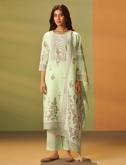 Pista green linen printed kurti pant set