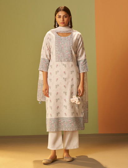 Beige yoke style linen festive kurti set
