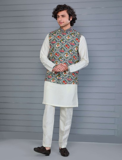 Grey off white bandhej printed viscose silk waistcoat set