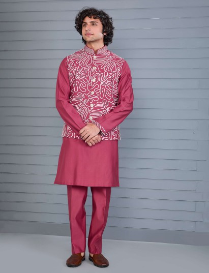 Onion pink silk aabla thread waistcoat set