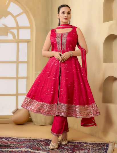 Magenta silk sleeveless festive salwart suit