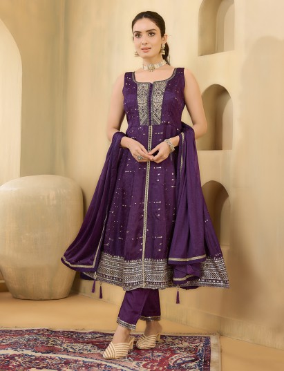 Purple silk embellished sleeveless salwar suit