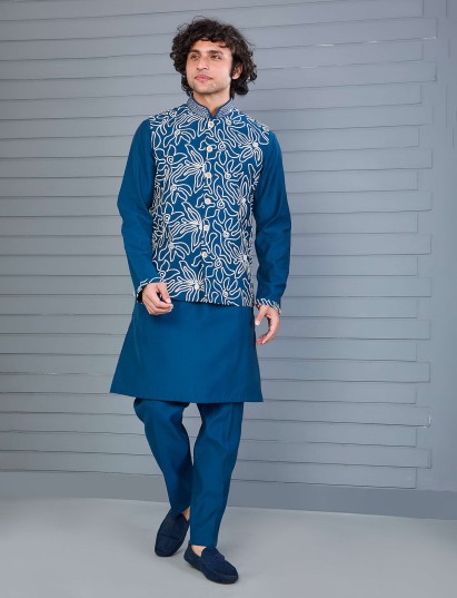 Rama blue silk aabla thread festive waistcoat