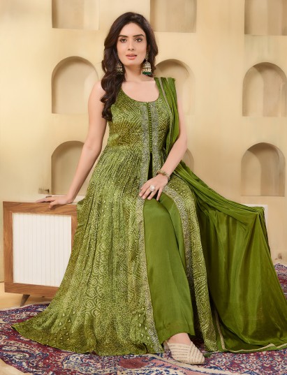 Mehendi green bandhej satin silk palazzo suit