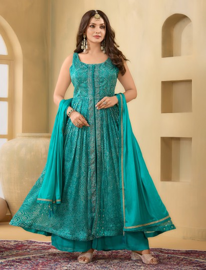 Aqua bandhej printed satin silk palazzo suit