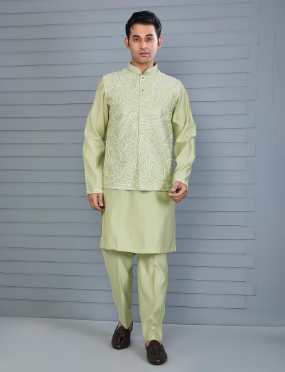 Pista green silk aabla thread waistcoat set