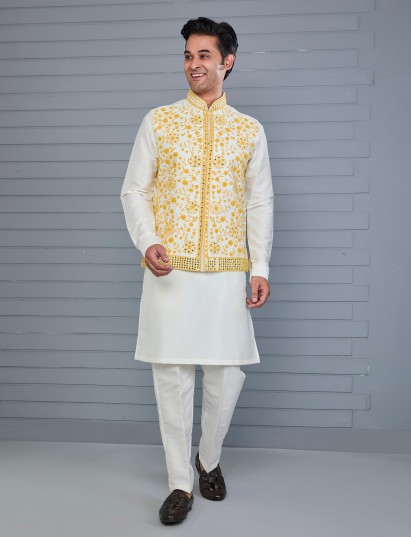 Yellow and off white silk festive waistcoat set