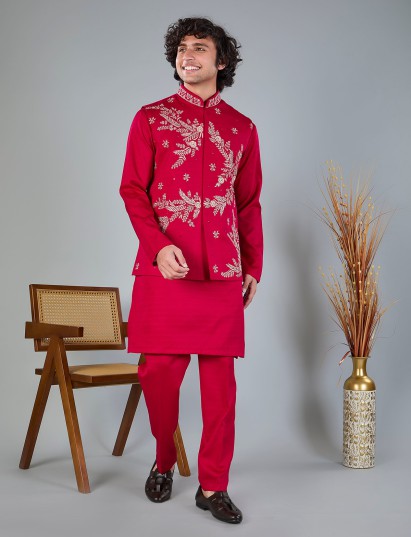 Magenta silk heavy embellished waistcoat set for weddign