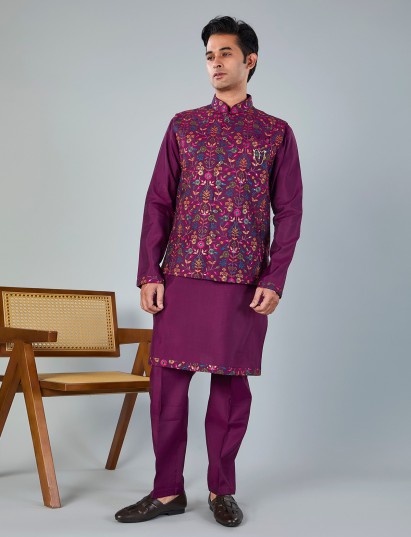 Purple silk embroidered work festive waistcoat set