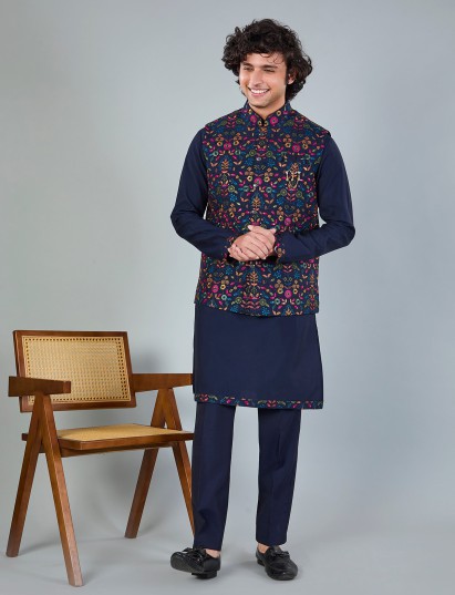 Navy blue silk embroidered work waistcoat set
