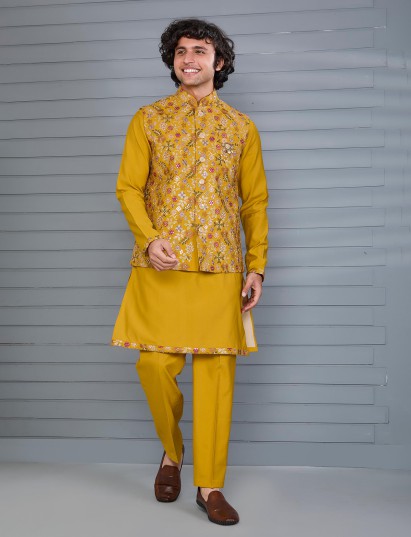 Mustard yellow silk festive waistcoat set