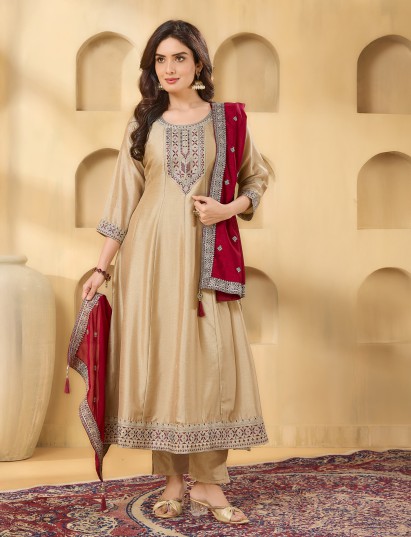 Beige silk yoke style festive salwar suit