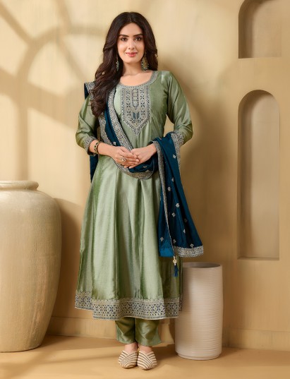 Pista green yoke style silk salwar suit