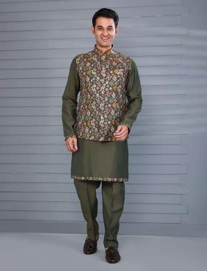 Mehendi green silk embroidered work waistcoat set