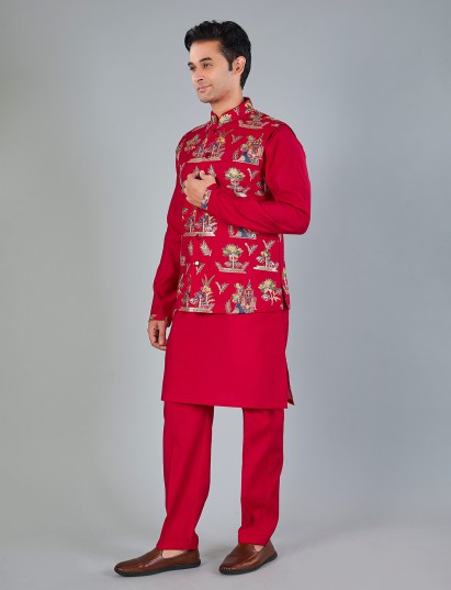 Magenta silk embroidered festive waistcoat set