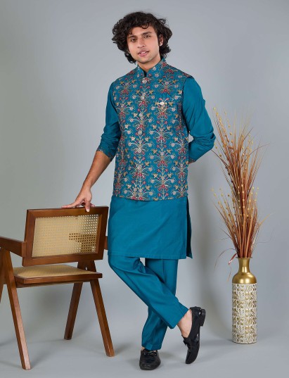 Blue silk embroidered work festive waistcoat set