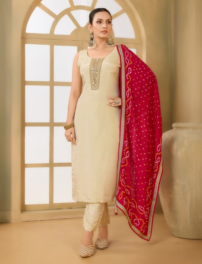 Cream silk straight cut festive wear salwar suit
