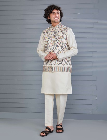 Cream silk embroidered work waistcoat set