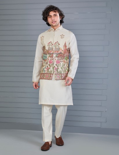 Cream tissue silk resham and sequin waistcoat set