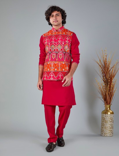 Magenta printed silk and viscose resham work waistcoat set