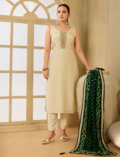 Cream silk straight cut contrast salwar suit