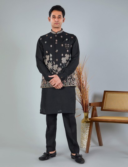 Black linen embroidered festive waistcoat set