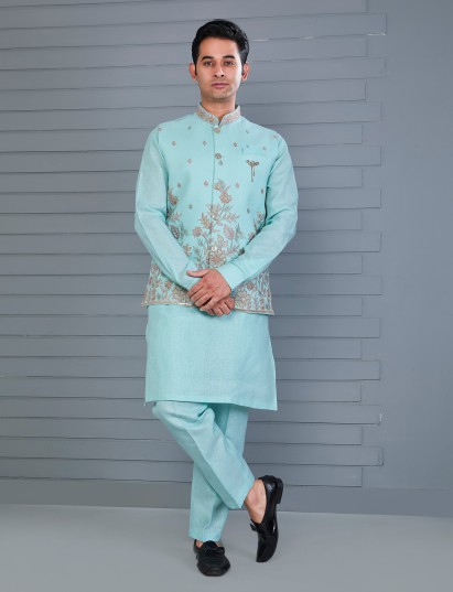 Mint blue linen embroidered work waistcoat set