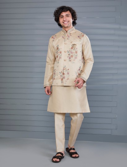 Beige silk embroidered festive waistcoat set