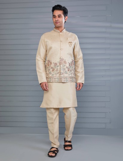 Classic beige silk wedding wear waistcoat set