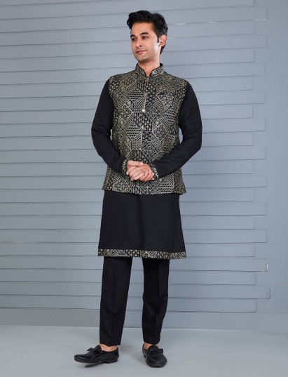 Black rayon cotton resham and sequin waistcoat set