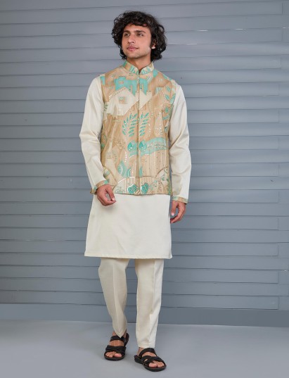 Beige printed viscose silk festive wear waistcoat set