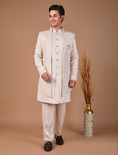 Beige silk jacket style embroidered indowestern set