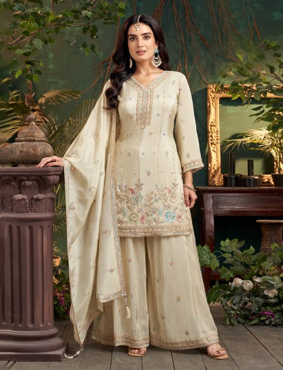 Cream pakistani style embellished palazzo suit